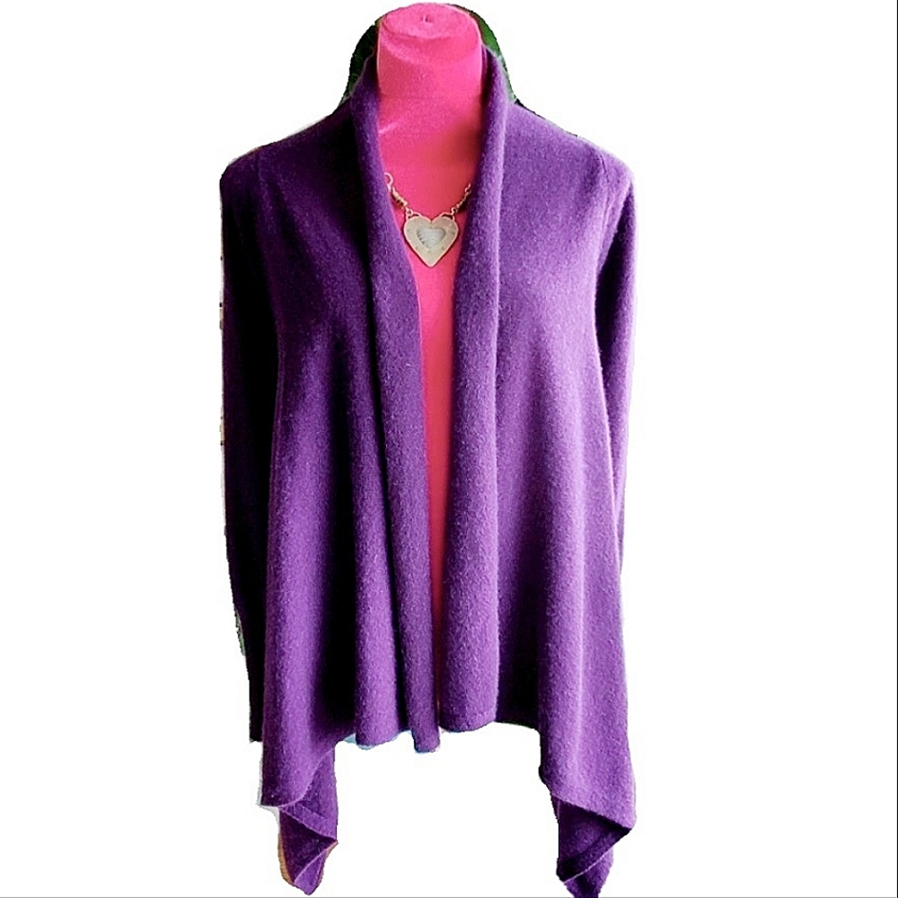 Bloomingdale's Dark Aubergine Eggplant Purple Open Cardigan Hankerchief Sides S